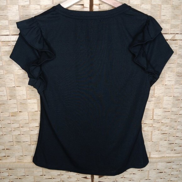 Black Cotton Top Large Ryon Blend Ruffle Short Sleeves Crew Neck - Picture 2 of 4